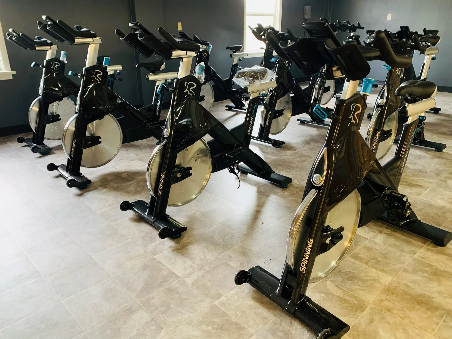 The spin studio, with two rows of Spinner Chrono bikes.